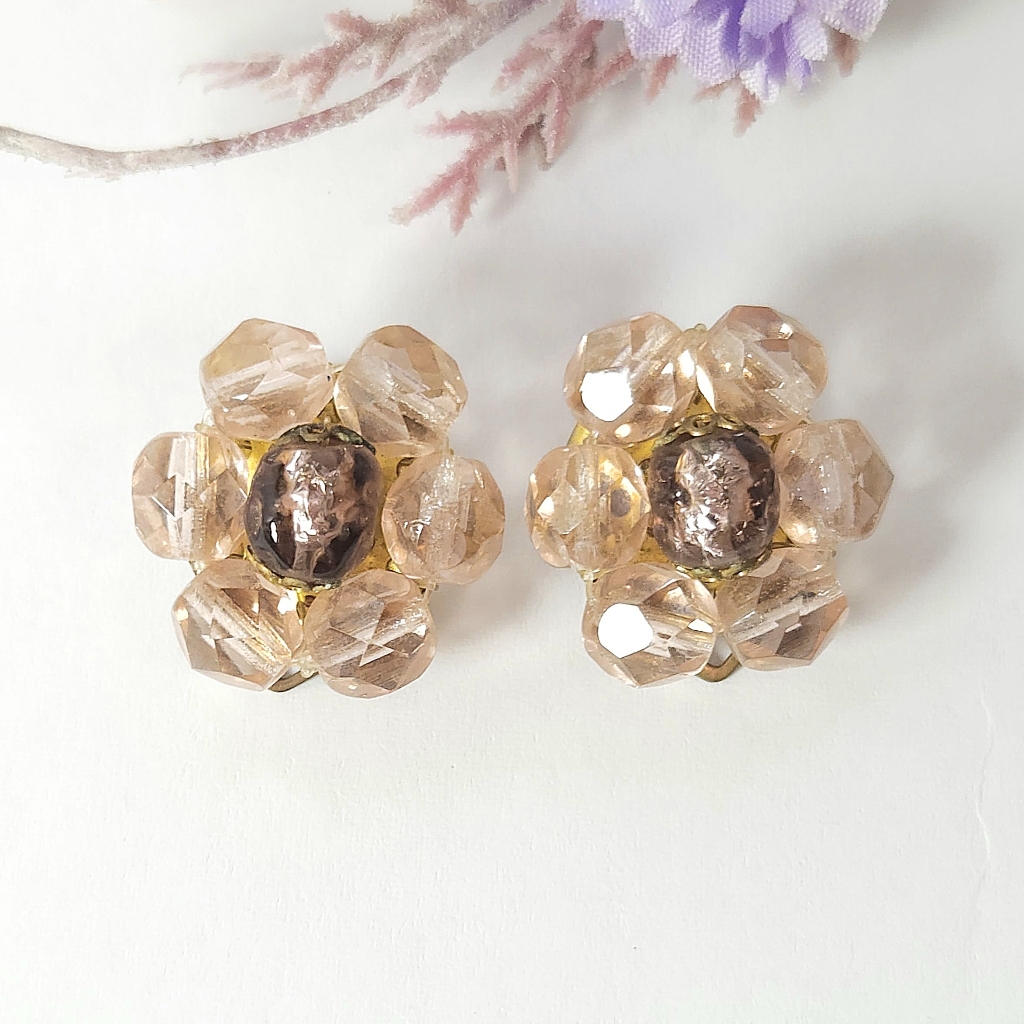 Vintage Pink Murano Glass Bead & Crystal Cluster Earrings Italy Made Clip On